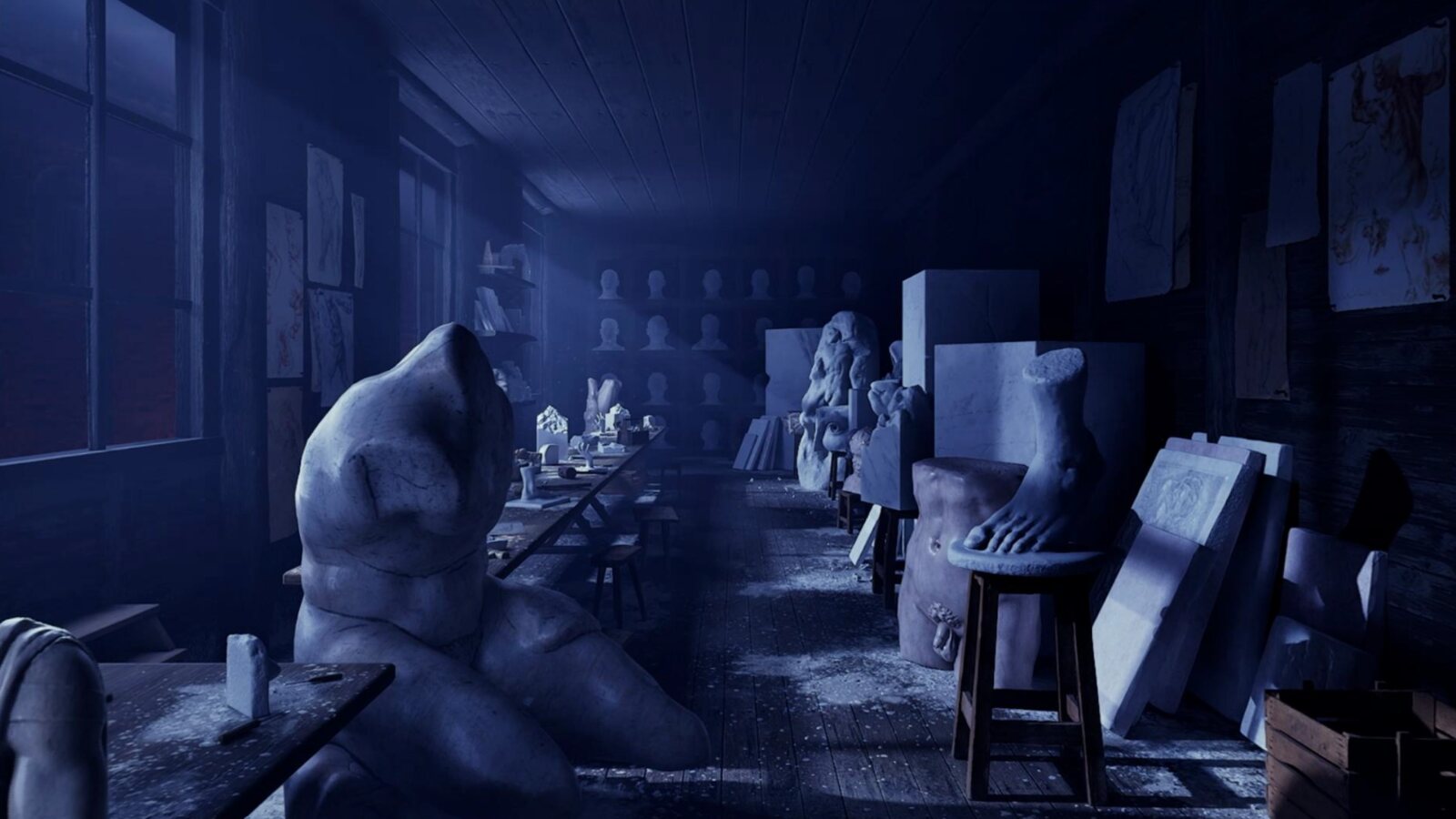 Step inside the sculpture workshop of the masters — a moonlit studio of marble figures, plaster busts and anatomical drawings, in 360 degree virtual reality